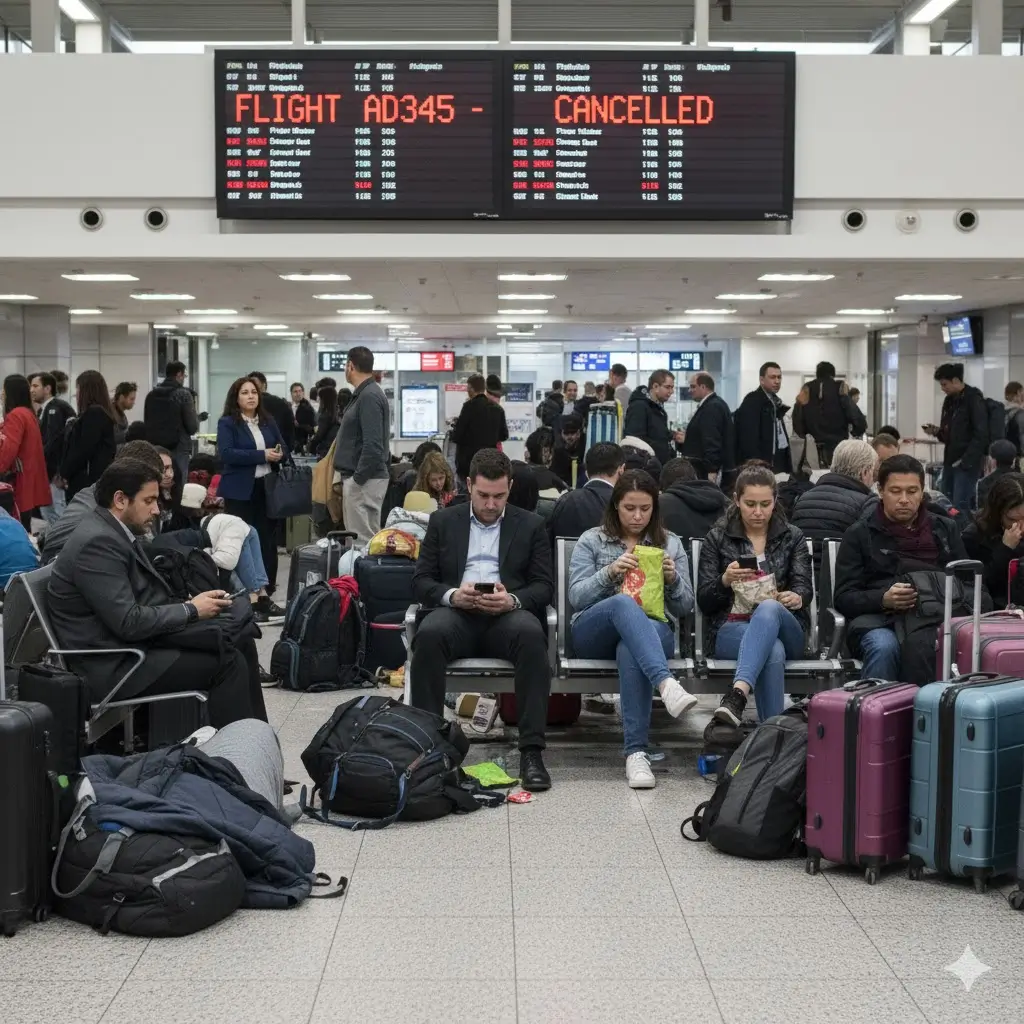 Passageiros aguardando no aeroporto com desconforto causado por cancelamento de voo, ilustrando situações que levam a indenização por danos