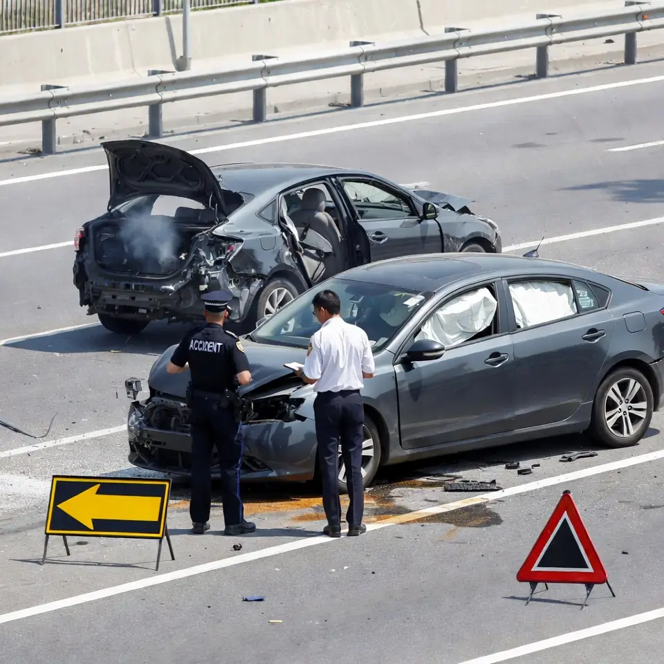 Acidente de trânsito com polícia e sinalização, destacando procedimentos imediatos para preservar direitos em acidentes de trânsito com seguro auto.