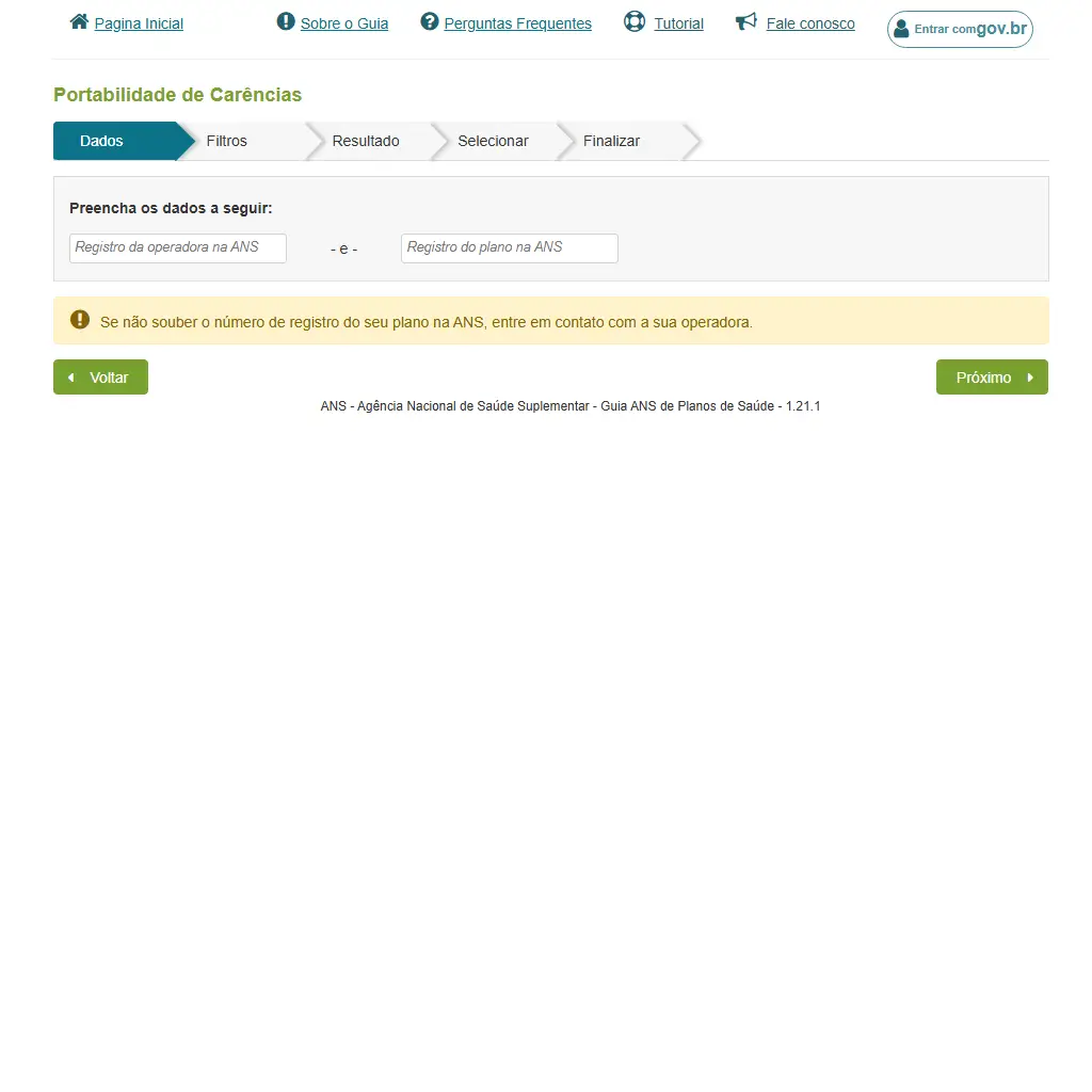Captura de tela do site da ANS mostrando o processo de solicitação da portabilidade de carência plano de saúde.