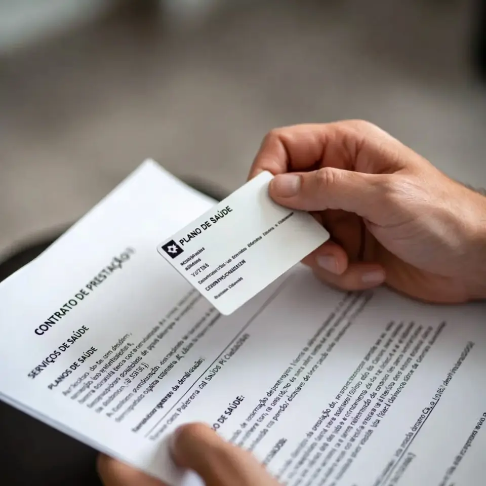 Beneficiário segurando a carteirinha sobre o contrato, itens essenciais entre os documentos para ação contra plano de saúde.