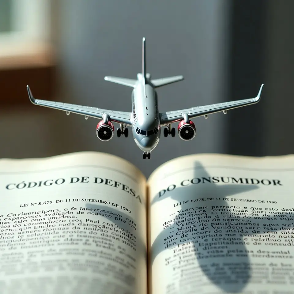 Representação gráfica do Código de Defesa do Consumidor aplicado à polêmica do banheiro premium em aeronaves, priorizando direitos e igualdade.
