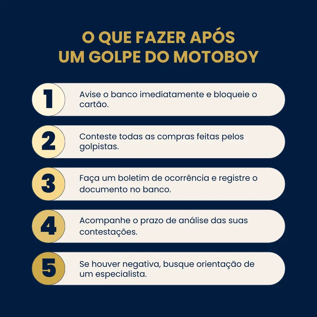 Fluxograma com passos para vítimas do golpe do motoboy, como registrar boletim de ocorrência e buscar indenização.