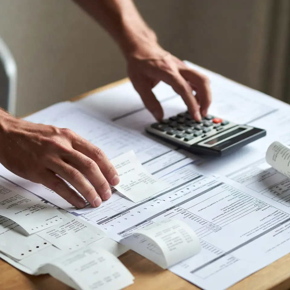 Beneficiário organizando notas fiscais e documentos para solicitar o reembolso pelo plano de saúde após decisão judicial