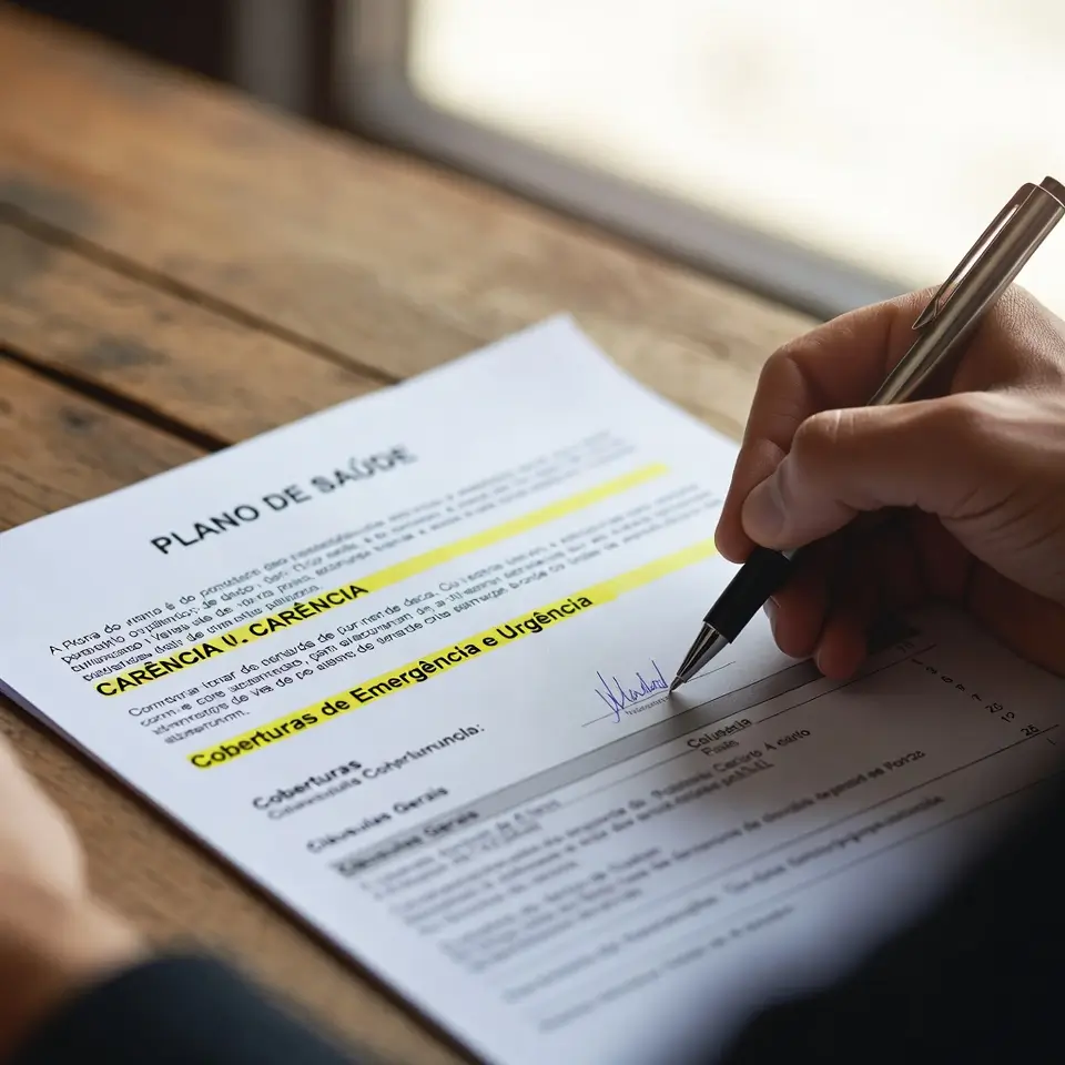 Contrato de plano de saúde com cláusulas destacadas, explicando limitações de carência em situações de parto emergencial negado em plano de saúde.