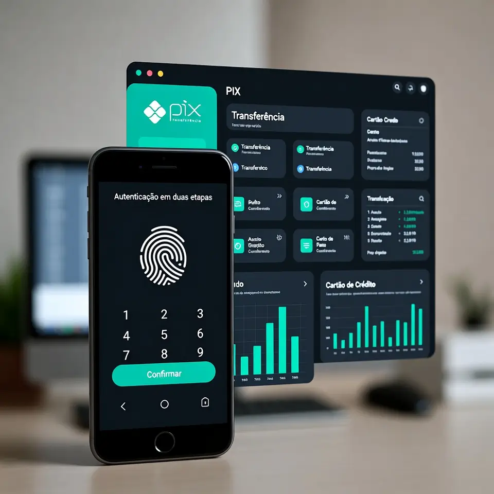 Ilustração de medidas de segurança contra golpe do pix, incluindo autenticação em duas etapas e monitoramento de transações em apps bancários.