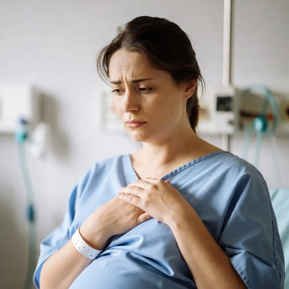 Gestante em hospital com expressão preocupada, representando o impacto de um parto emergencial negado em plano de saúde.