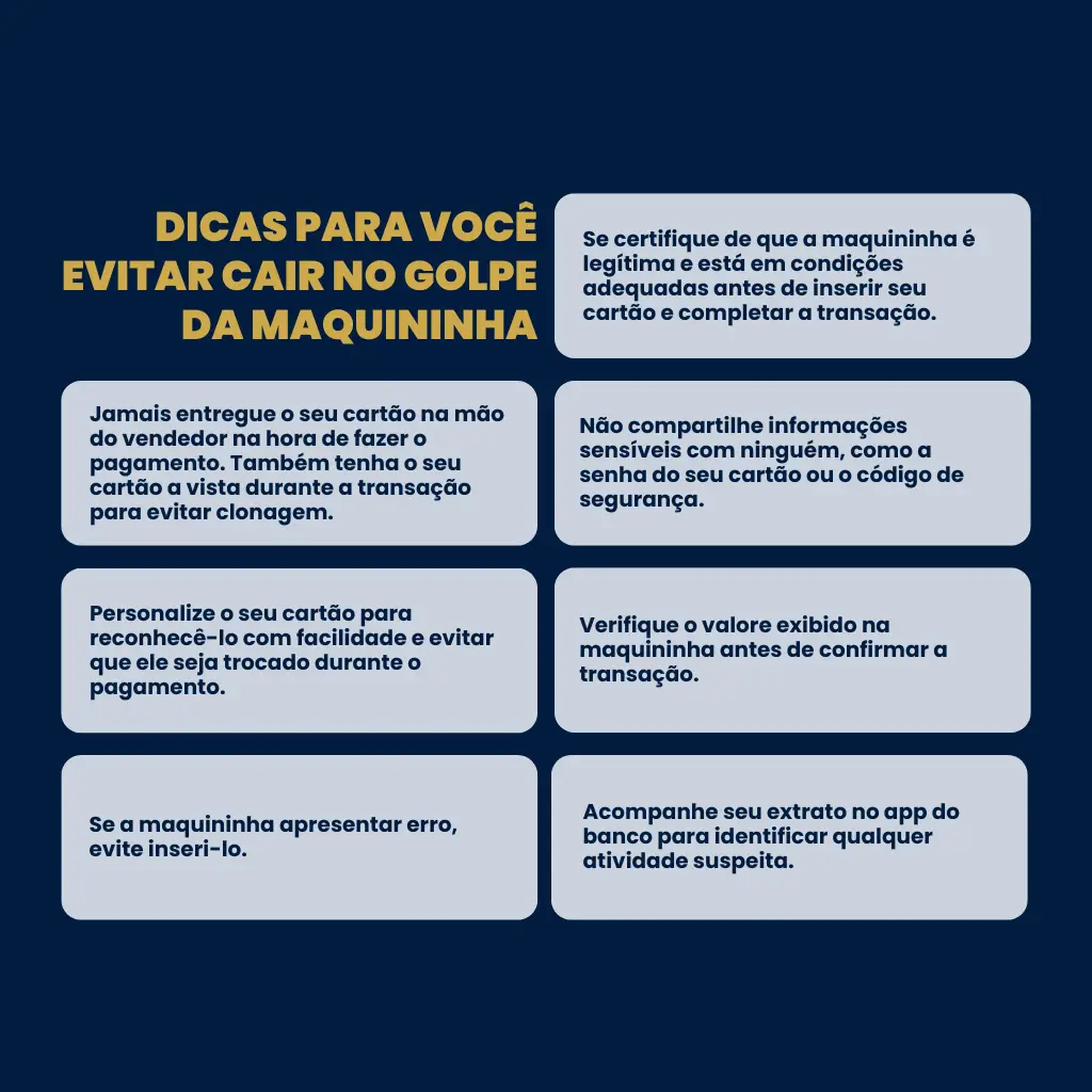 Infográfico ilustrando 7 passos para prevenção contra golpe da maquininha em pagamentos com cartão