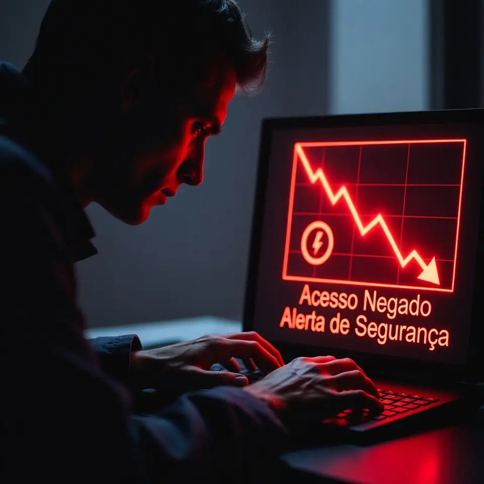 Investidor preocupado olhando para o celular ao perceber invasão de conta e falha de segurança na corretora de criptoativos