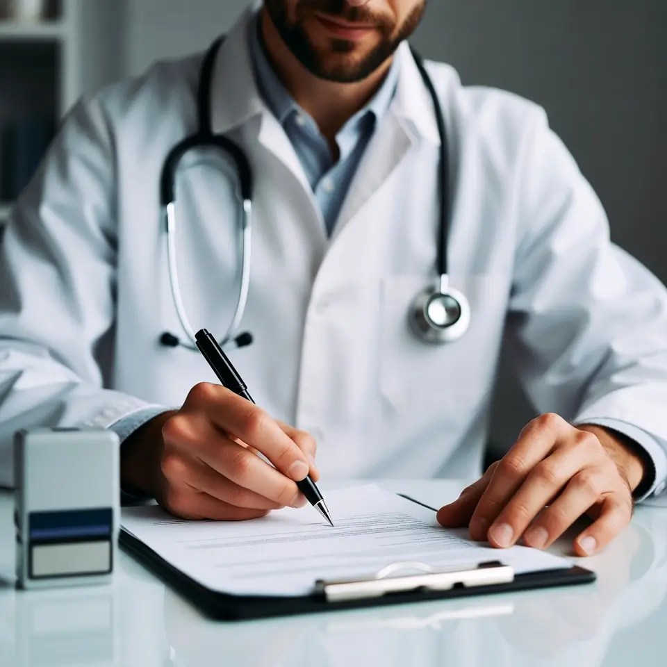 Médico assinando laudo detalhado, documento crucial em casos de negativa do plano de saúde.