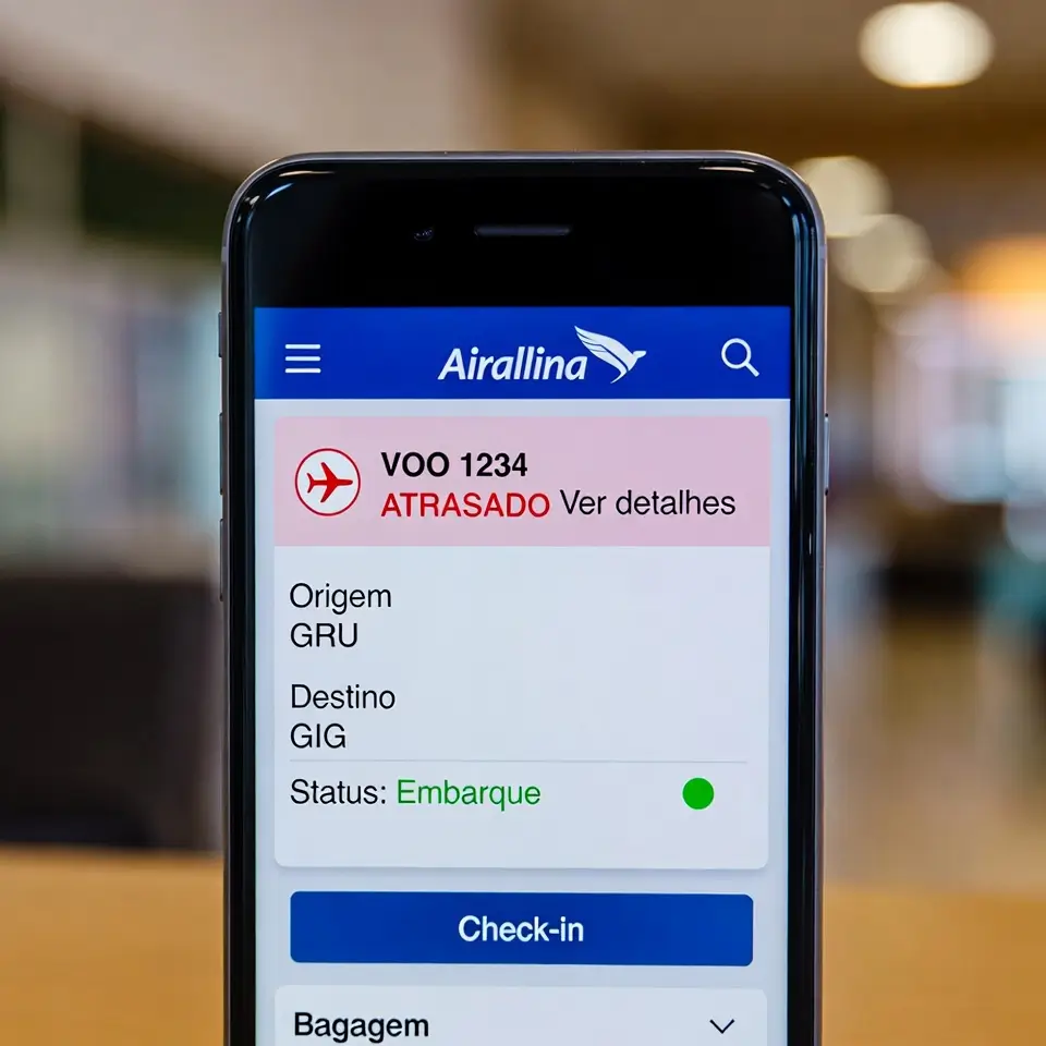 Tela de app de companhia aérea mostrando atualizações durante caos aéreo para preservar direitos do passageiro.