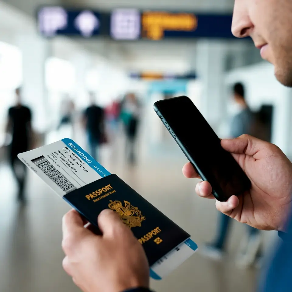 Passageiro conferindo cartão de embarque e painel de voo atrasado para proteger seu direito à indenização por falha técnica em voo.