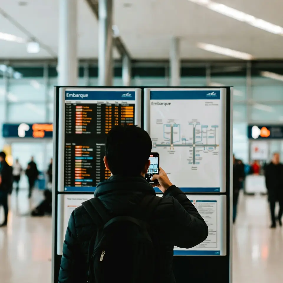 Passageiro registrando painel de voos atrasados via celular para documentar falhas em período de caos aéreo.