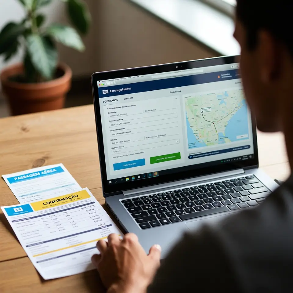 Ilustração de remanejamento de voo por conta própria durante caos aéreo, com provas de gastos para reembolso.