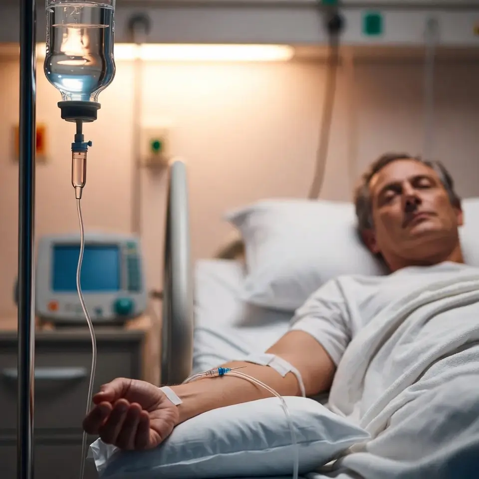 Paciente em clínica recebendo infusão endovenosa para tratamento de esclerose múltipla prescrito pelo médico