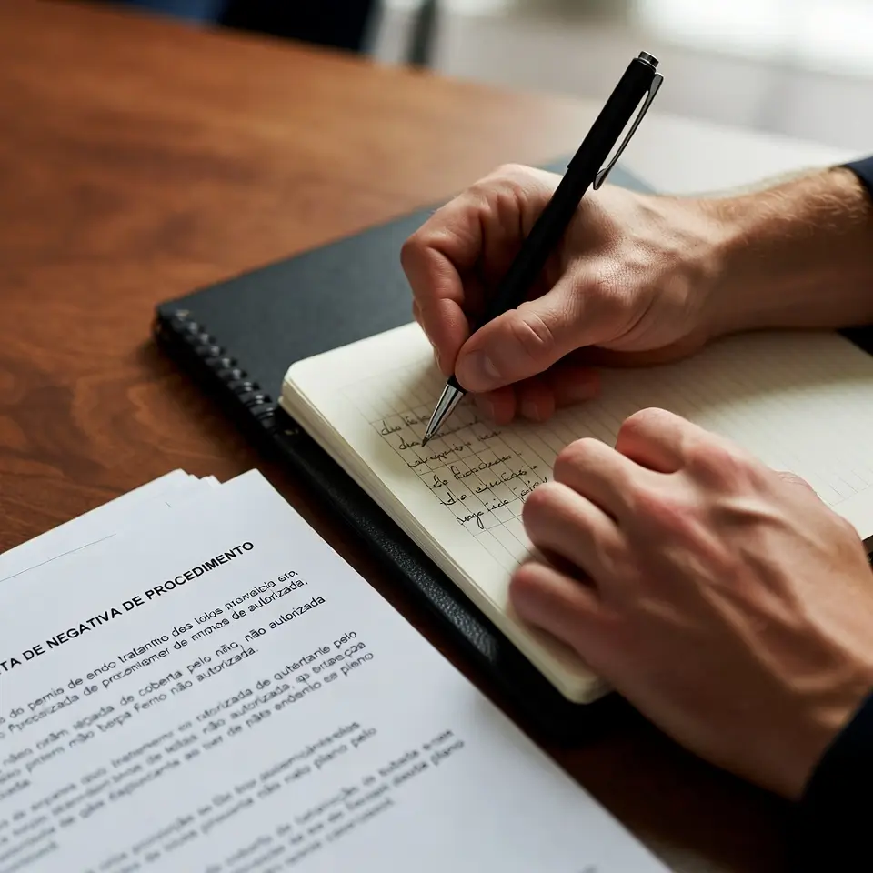 Pessoa anotando número de protocolo e reunindo documentos após negativa de cobertura médica.