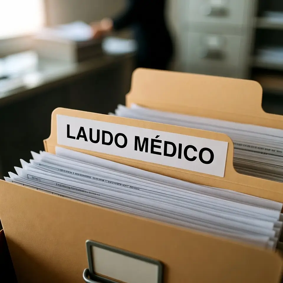 Pasta com laudos médicos organizados para garantir a continuidade de tratamento judicial.