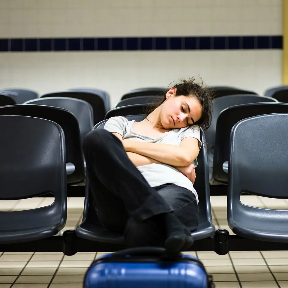 Passageiro aguardando no chão do aeroporto, exemplo de situação que gera dano moral por atraso de voo e espera excessiva.