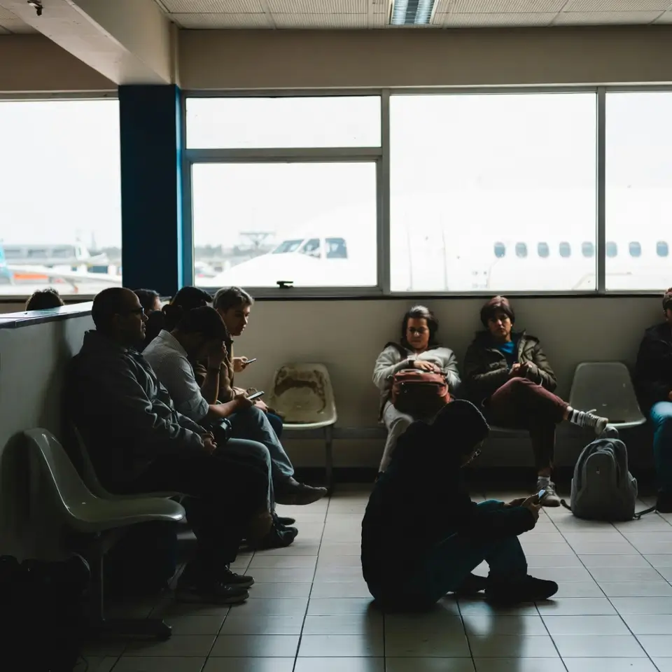 Família aguardando no aeroporto após atrasos e cancelamentos por vendaval em São Paulo, ilustrando a necessidade de assistência material segundo a Resolução 400 da ANAC.