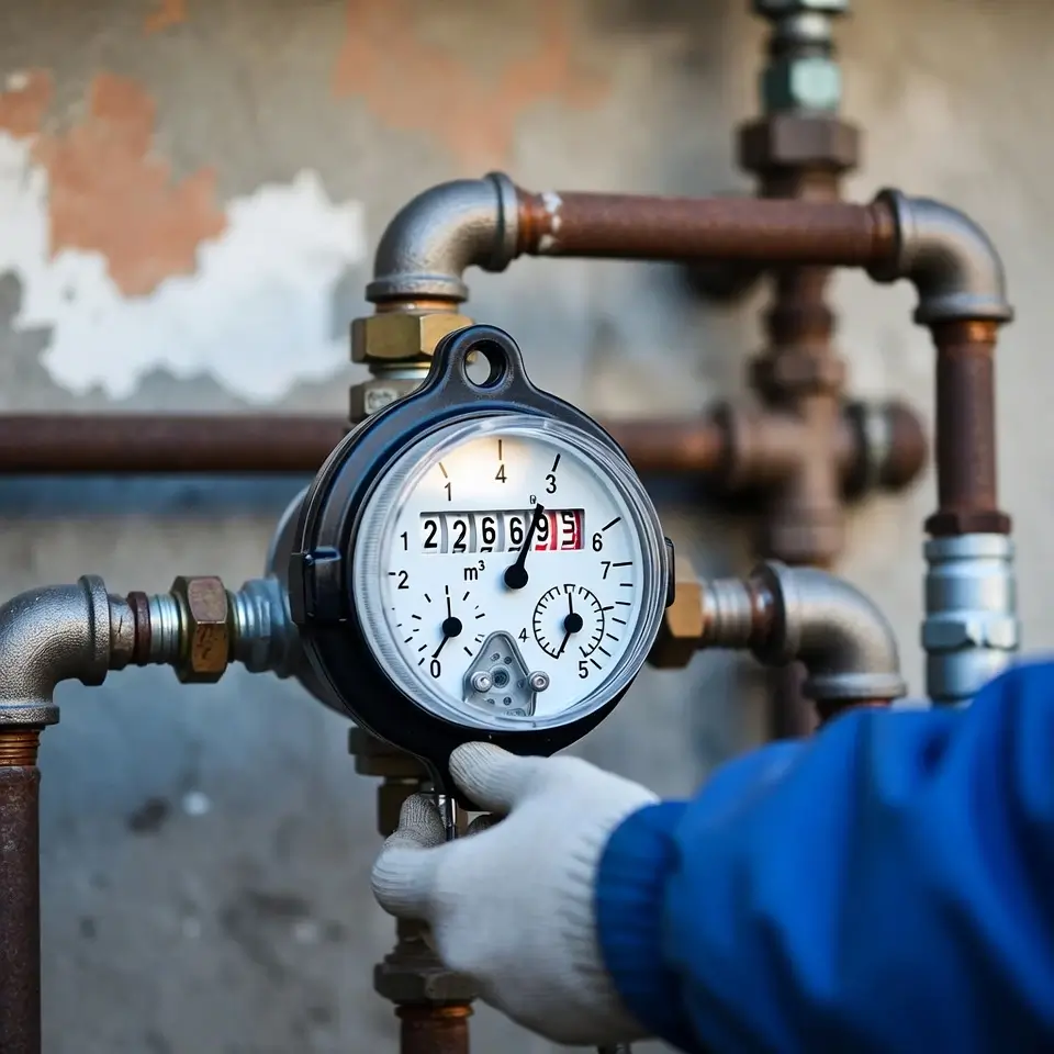 Hidrômetro residencial com tubulação exposta, representando a responsabilidade da concessionária por corte de água indevido após pagamento da conta.