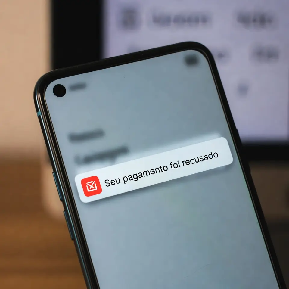 Smartphone exibindo notificação de alerta de segurança bancária indicando possível golpe financeiro e movimentação atípica.