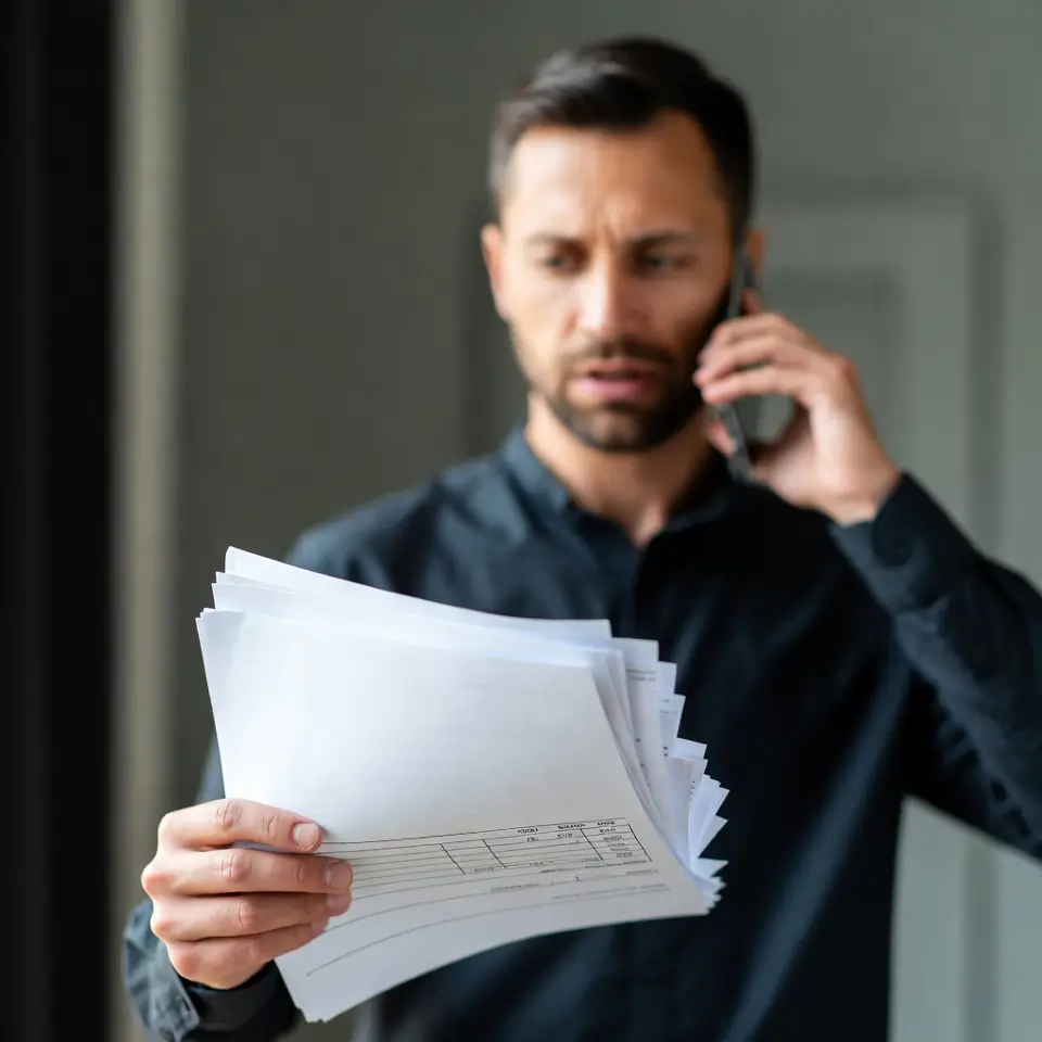 Consumidor ao telefone com faturas em mãos buscando resolver problema para garantir indenização por dano moral devido à falta de água.