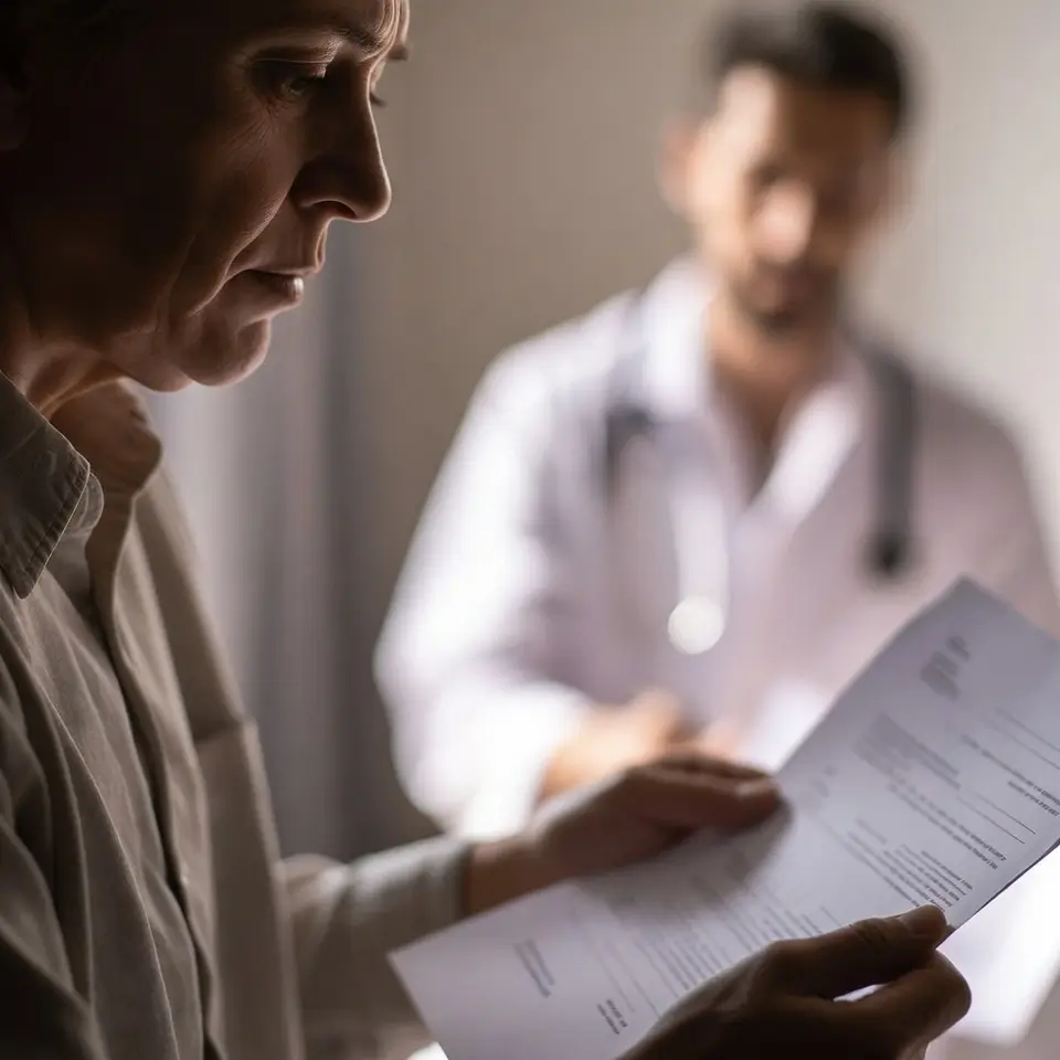 Paciente analisando documento de negativa de cobertura sob alegação de ausência no Rol da ANS.