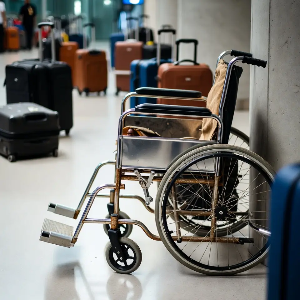 Cadeira de rodas danificada no aeroporto, representando falhas de assistência e impacto no direito do passageiro com assistencia especial.