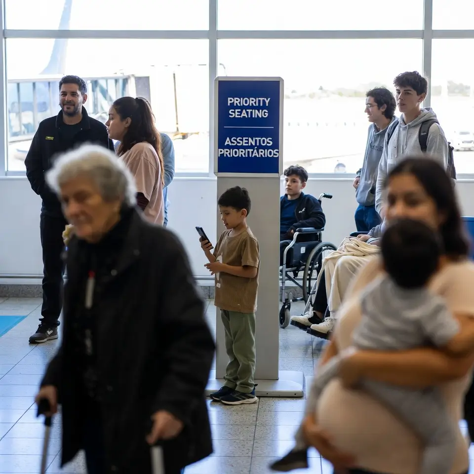 Diversos passageiros PNAE, como idosos e gestantes, demonstrando categorias de direito do passageiro com assistencia especial conforme normas da Anac.