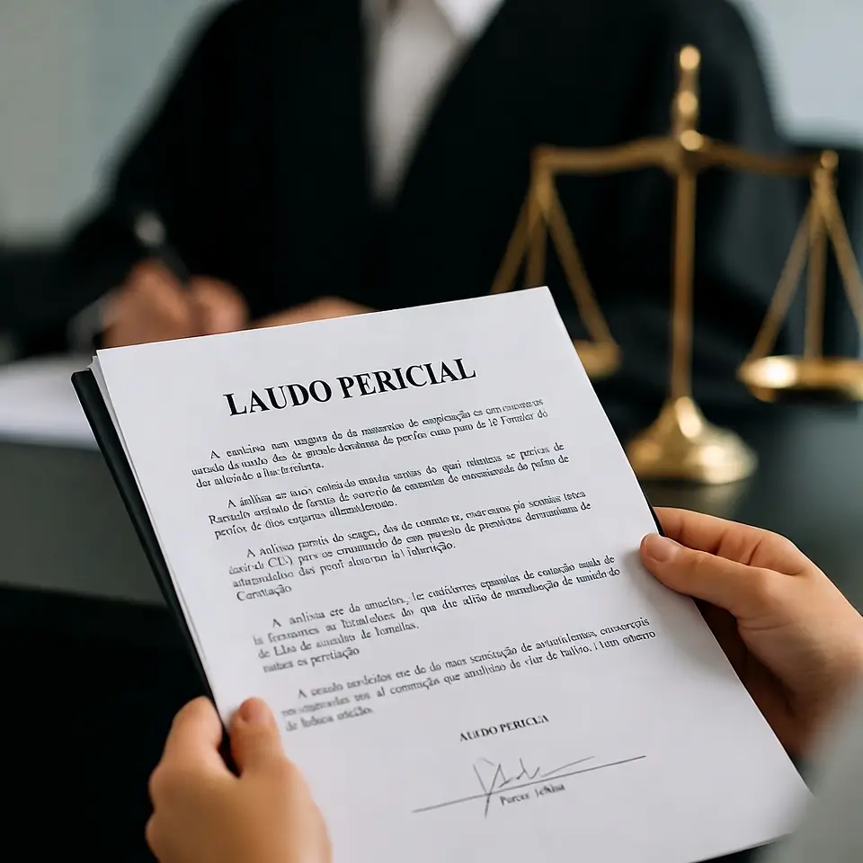 Imagem de um juiz examinando um laudo pericial com balança da justiça, ilustrando como o laudo influencia a decisão em perícia médica judicial contra planos de saúde.