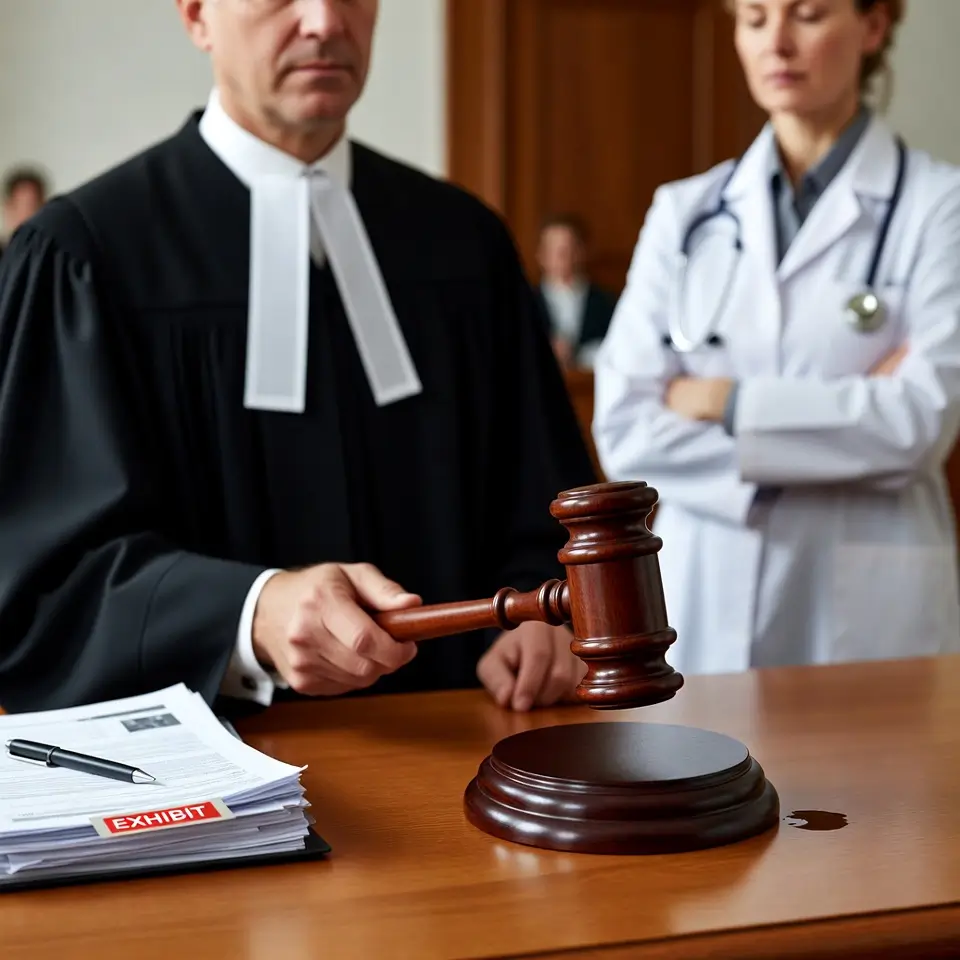 lustração de um juiz com martelo e documentos médicos, ao lado de um perito, destacando quando o juiz solicita perícia médica judicial em ações contra planos de saúde para resolver conflitos técnicos.