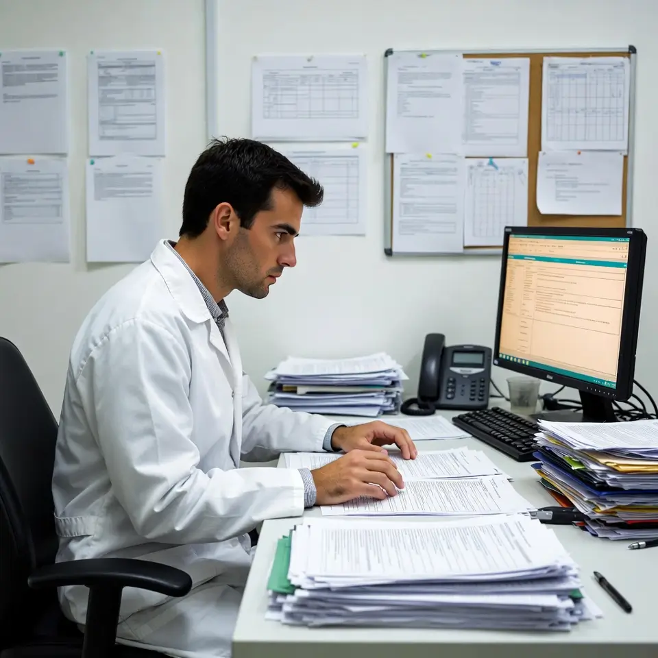 Foto de perito judicial analisando exames e laudos médicos de forma imparcial, explicando o papel do perito em perícia médica judicial para ações contra planos de saúde.