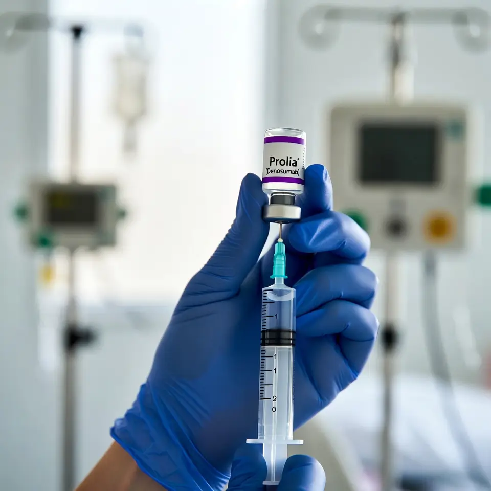 Aplicação do medicamento denosumabe prolia indicado para o tratamento de osteoporose e metástase óssea.