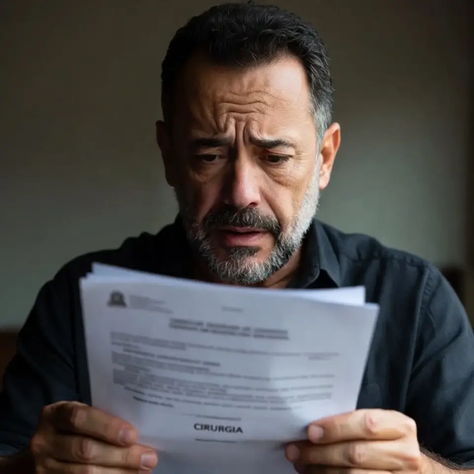 Paciente preocupado lidando com negativa de cobertura e burocracia do plano de saúde.