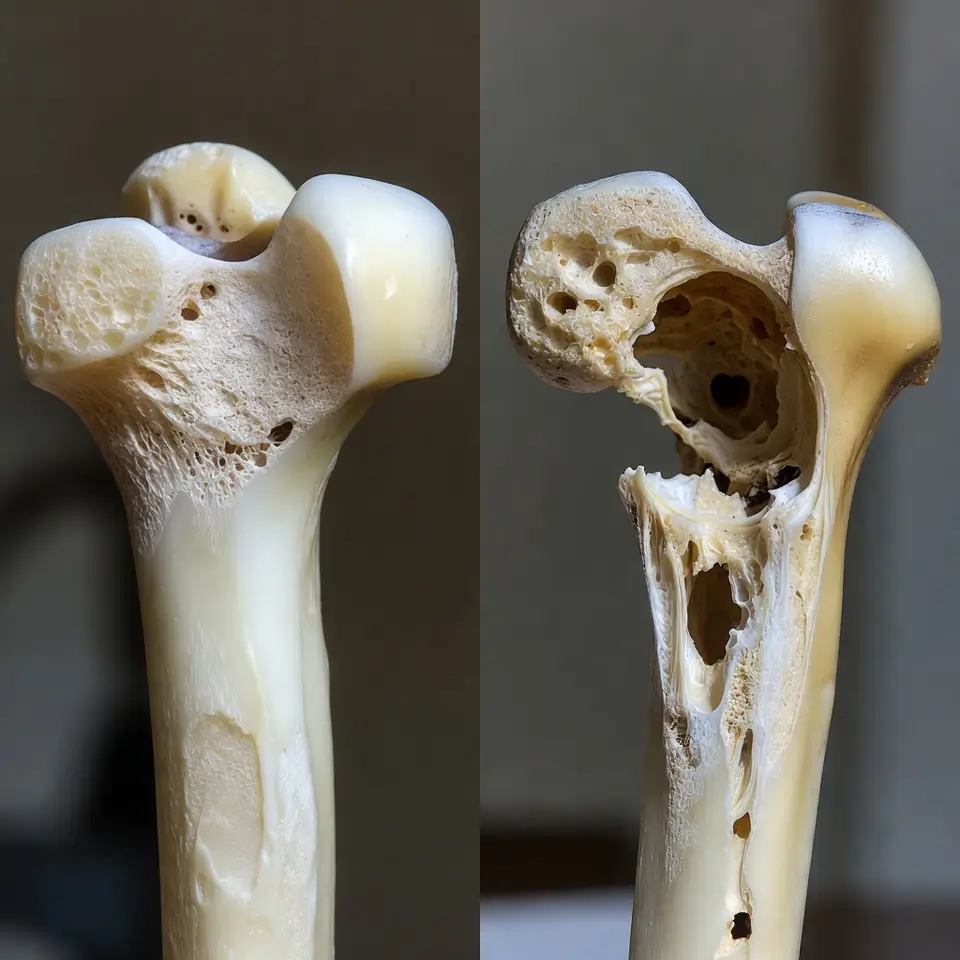 Imagem comparando densidade mineral óssea normal e osso com osteoporose tratada com Denosumabe (Prolia).