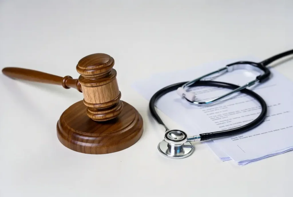 Martelo de juiz ao lado de estetoscópio representando decisão judicial sobre plano de saúde
