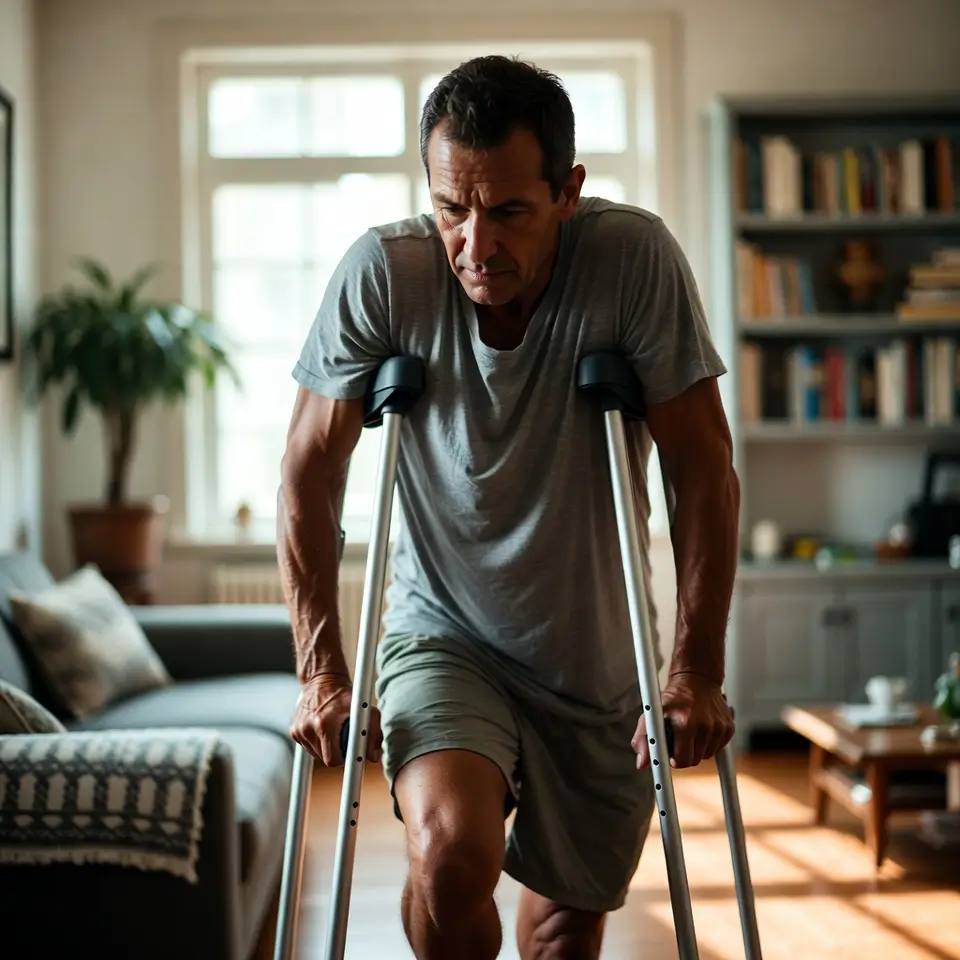 Paciente em fase inicial de reabilitação em casa após cirurgias de acidente de trânsito