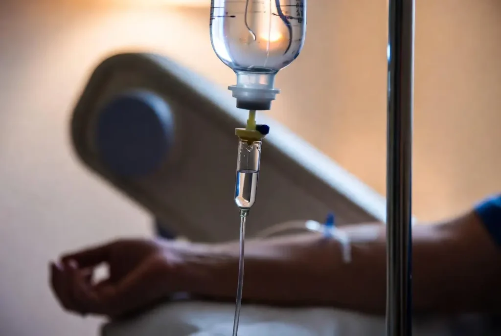 Paciente recebendo infusão intravenosa de Ocrelizumabe para tratamento de esclerose múltipla