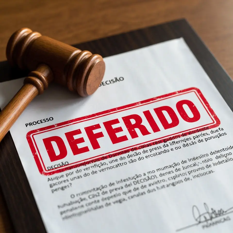 Martelo da justiça sobre processo, representando a obtenção de liminar para custeio do Olaparibe (Lynparza) por advogado especialista.