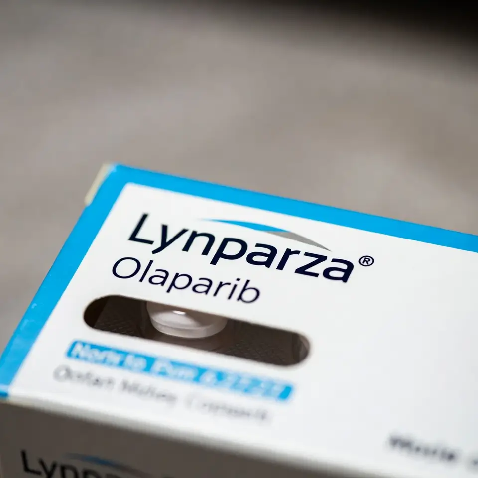 Embalagem do medicamento Lynparza, contendo o princípio ativo Olaparibe, indicado para tratamento de câncer de ovário, mama e próstata.