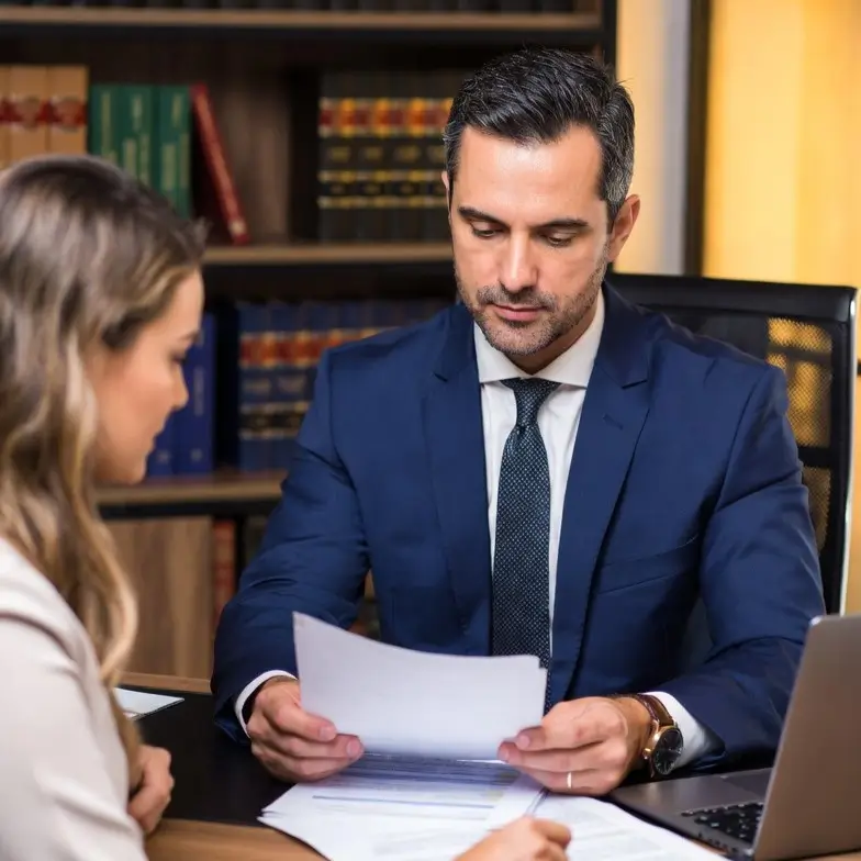 Advogado especialista em direito aéreo em escritório moderno orientando cliente sobre direitos em caso de voo atrasado