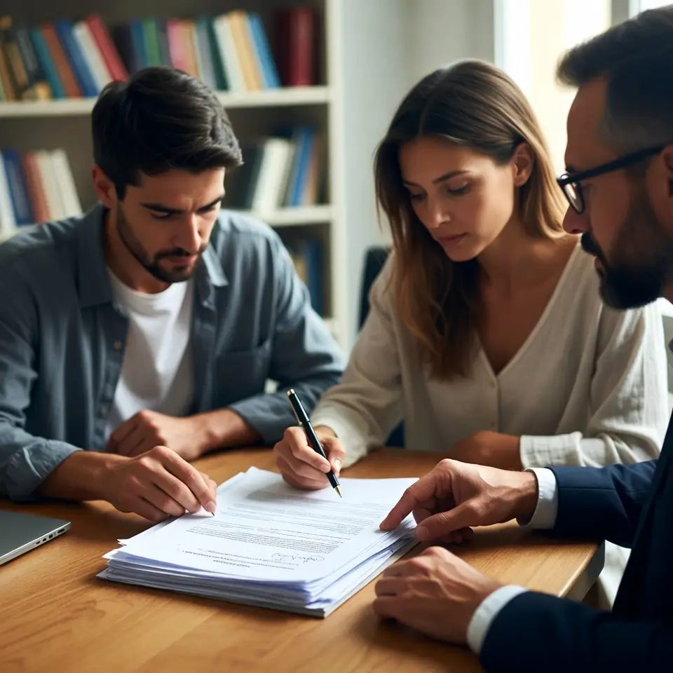 Casal assinando contrato de compra e venda de imóvel com orientação de advogado imobiliário