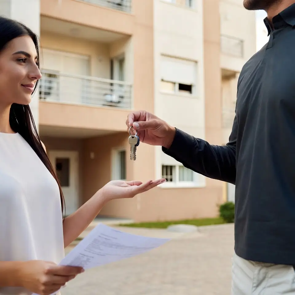 Inquilina recebendo chaves de apartamento alugado com contrato de locação