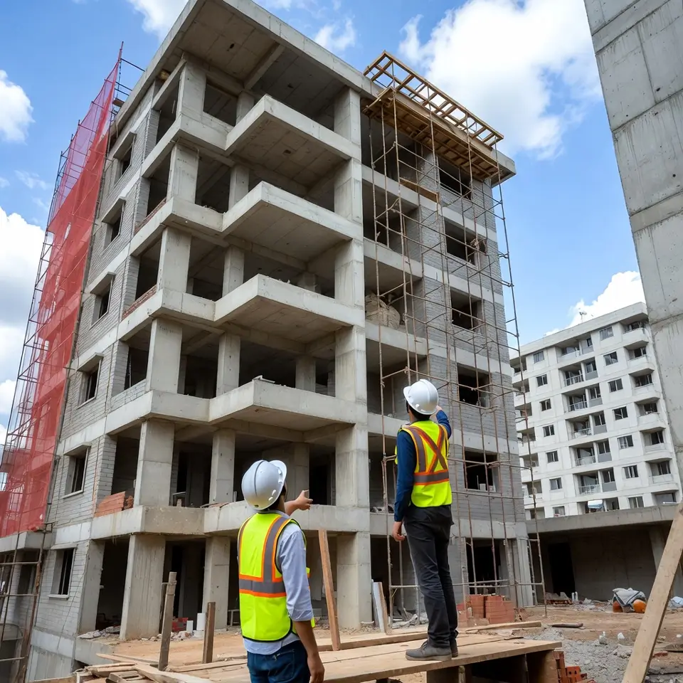 Profissionais inspecionando obra de construção de edifício residencial para verificar conformidade