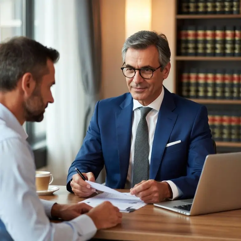 Advogado especialista orientando casal sobre indenização por danos morais e materiais causados por overbooking