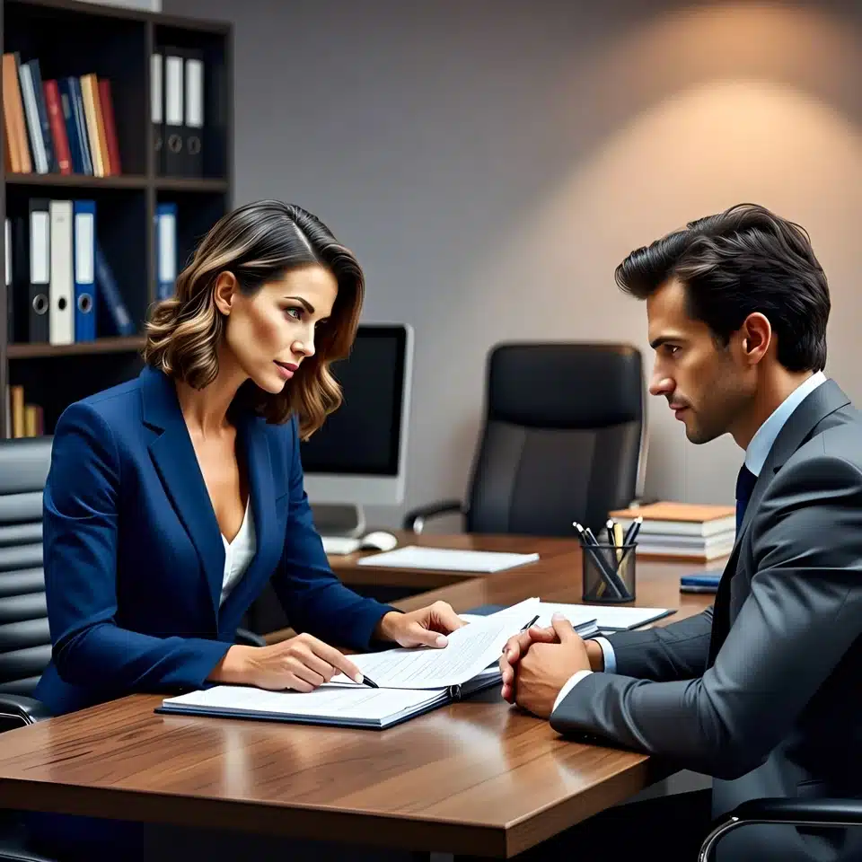 Advogada especialista em escritorio moderno orientando cliente sobre como processar companhia aerea e obter indenizacao