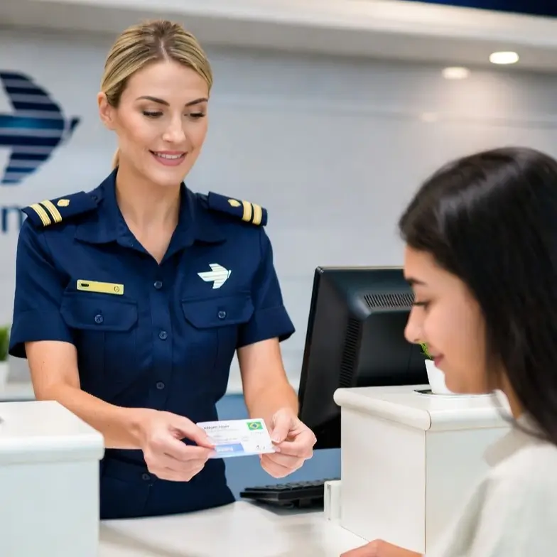 Passageira recebendo voucher de assistência material da companhia aérea após ser vítima de overbooking no aeroporto