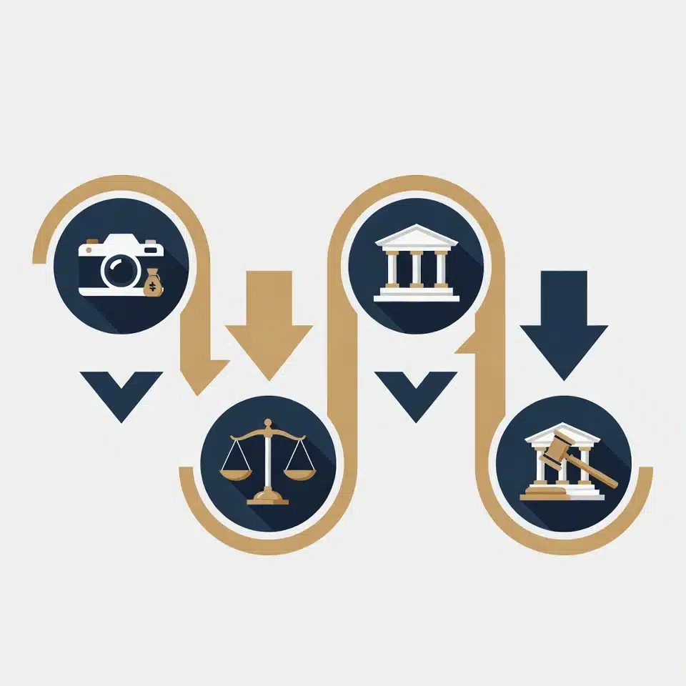 Fluxograma com 4 passos para processar companhia aerea: documentar provas, reclamar, consultar advogado e acao judicial