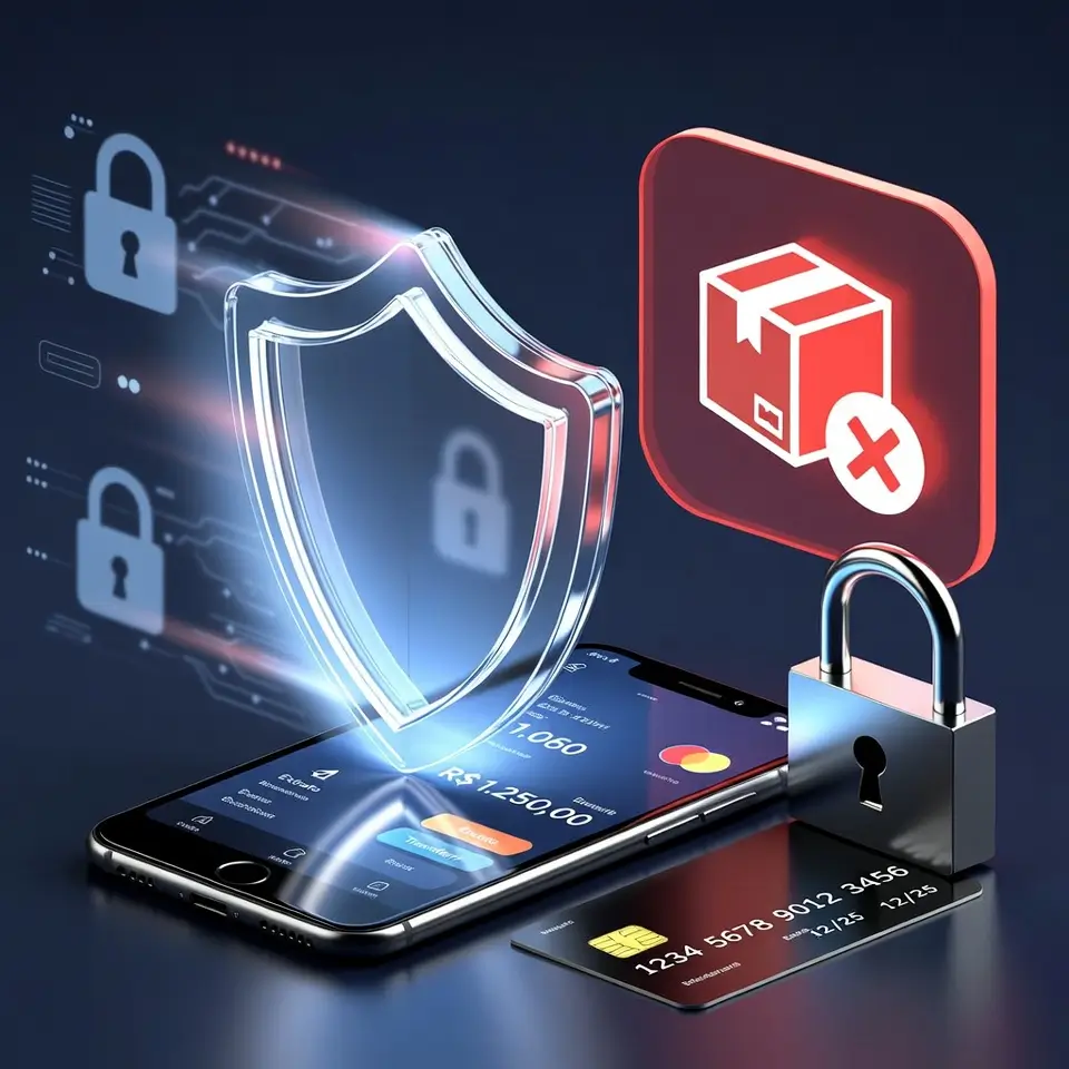 Escudo de segurança representando medidas simples para evitar o golpe do motoboy e fraudes bancárias
