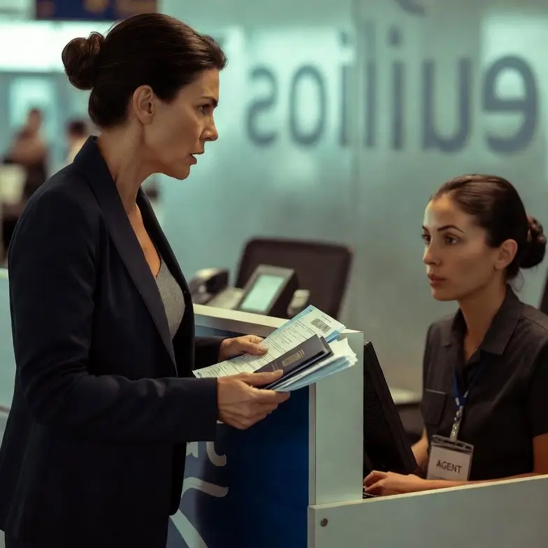 Passageira brasileira no balcão de atendimento da companhia aérea exigindo seus direitos após cancelamento de voo