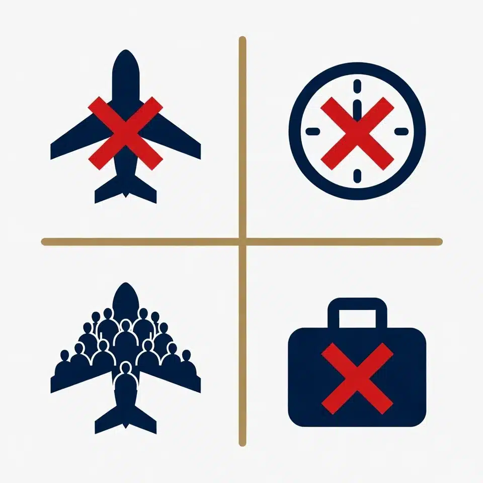 Infografico com 4 motivos para processar companhia aerea: voo cancelado, voo atrasado, overbooking e extravio de bagagem